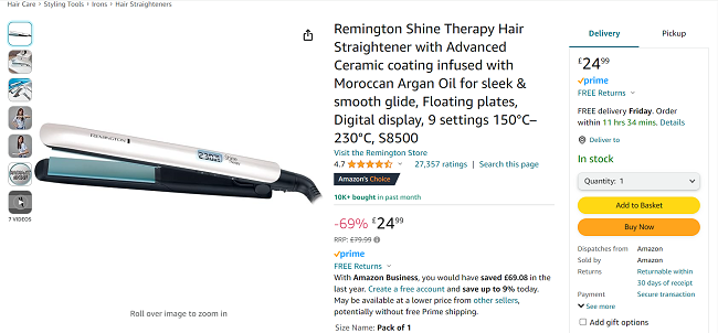 Screenshot showing Remington Shine Therapy Hair Straightener for £24.99 at Amazon