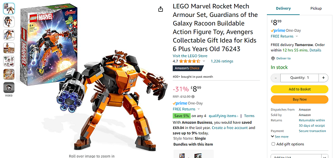 Screenshot showing LEGO Marvel Rocket Mech Armour Set for £8.99 at Amazon