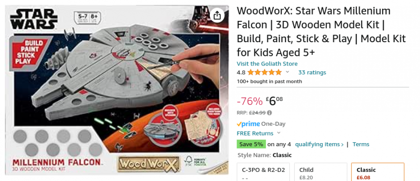 WoodWorX Star Wars Millennium Falcon 3D Wooden Model Kit £6.08 @ Amazon