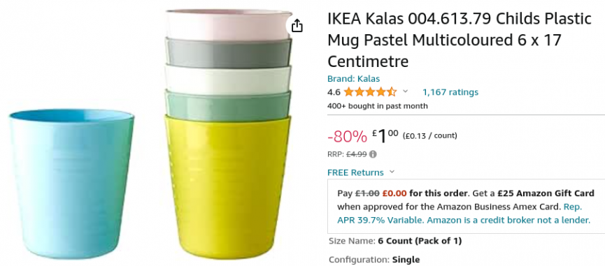 IKEA Kalas 6 Childs Plastic Mugs £1 @ Amazon
