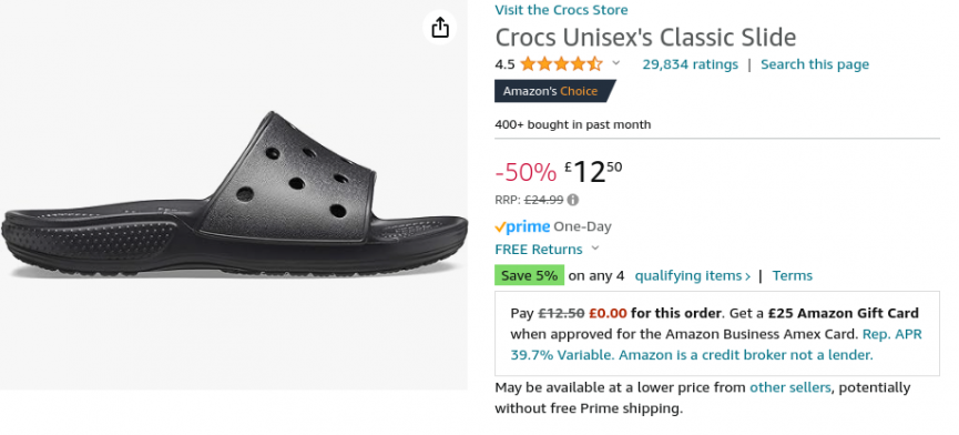 Crocs Unisex Classic Slide Black £12.50 @ Amazon