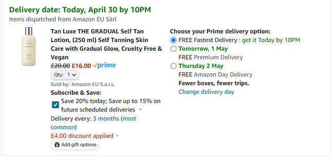 Screenshot showing Tan Luxe The Gradual Self Tan Lotion 250ml for £16 at Amazon