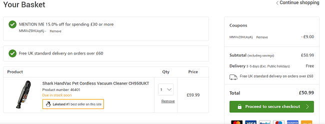 Screenshot showing Shark HandVac Pet Cordless Vacuum Cleaner for £50.99 with code at Lakeland