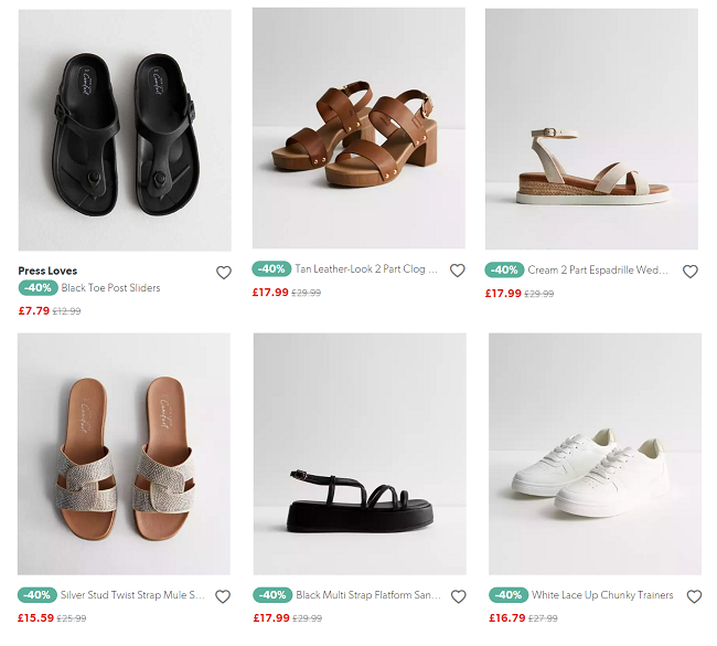 Screenshot of reduced shoes at New Look