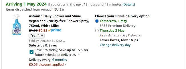 Screenshot showing Astonish Daily Shower & Shine White Lilies Spray for 95p at Amazon