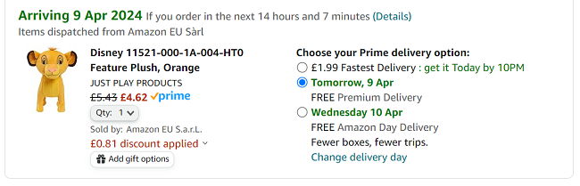 Screenshot showing Disney The Lion King Walking & Roaring Simba for £4.62 at Amazon