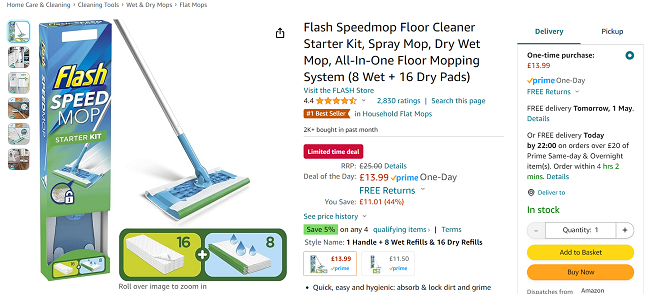 Screenshot showing Flash Speedmop Starter Kit for £13.99 at Amazon
