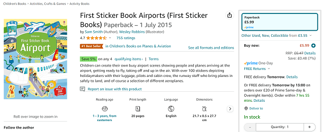 Screenshot showing Usborne First Sticker Book Airports for £5.99 at Amazon