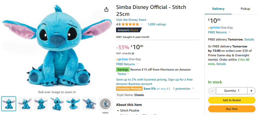 Disney Stitch 25cm Plush Toy £10 @ Amazon