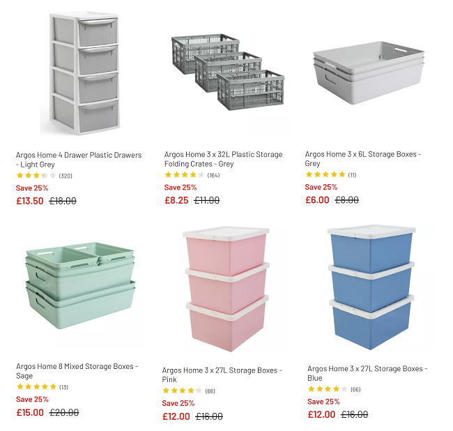 Screenshot showing 25% Off Selected Storage offer at Argos