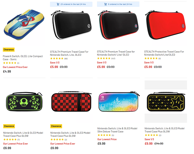 Screenshot showing reduced Nintendo Switch Cases at Argos