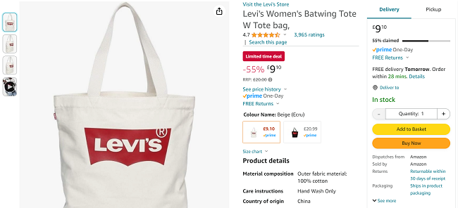 Screenshot showing Levi's Batwing Tote Bag White for £9.10 at Amazon