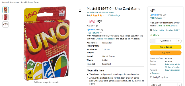 Screenshot showing Mattel Uno Card Game for £3.95 at Amazon