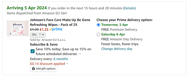 Screenshot showing Johnson's Face Care Make Up Be Gone Refreshing Wipes Pack of 25 for £1.25 at Amazon