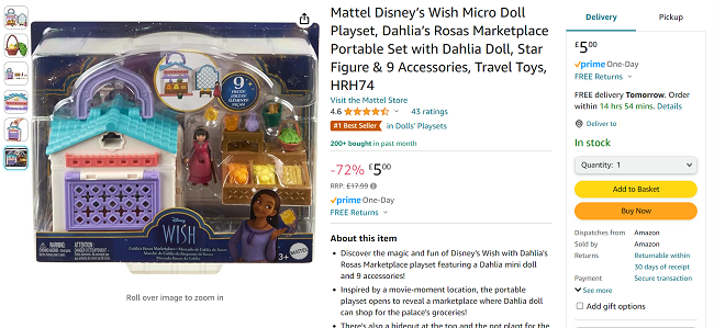 Screenshot showing Disney’s Wish Dahlia’s Rosas Marketplace Micro Doll Playset for £5 at Amazon