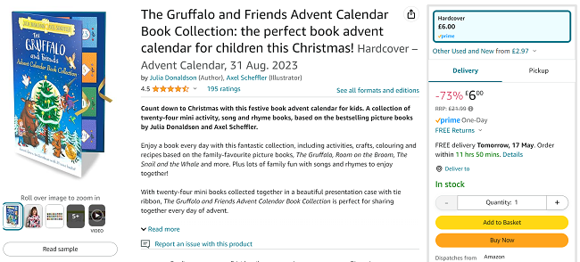 Screenshot showing The Gruffalo and Friends Advent Calendar Book Collection for £6 at Amazon