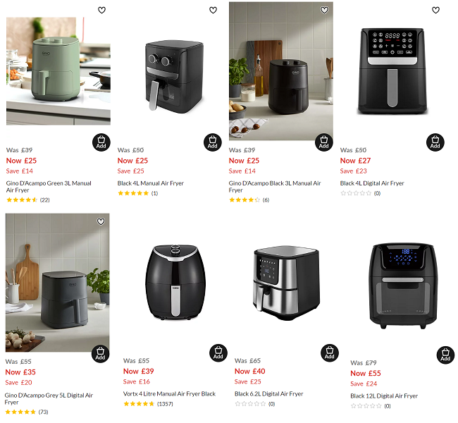 Screenshot showing reduced air fryers at Asda George
