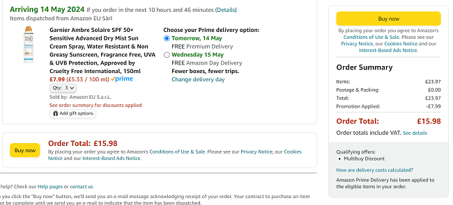 Screenshot showing Garnier Ambre Solaire SPF 50+ Sensitive Advanced Dry Mist Sun Cream Spray 3 for £15.98 at Amazon 