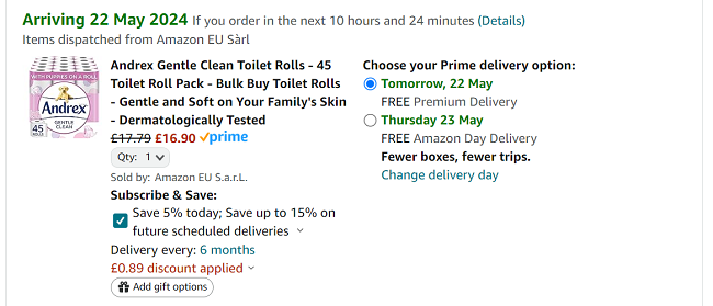 Screenshot showing Andrex Gentle Clean Toilet Rolls 45 Pack for £16.90 at Amazon