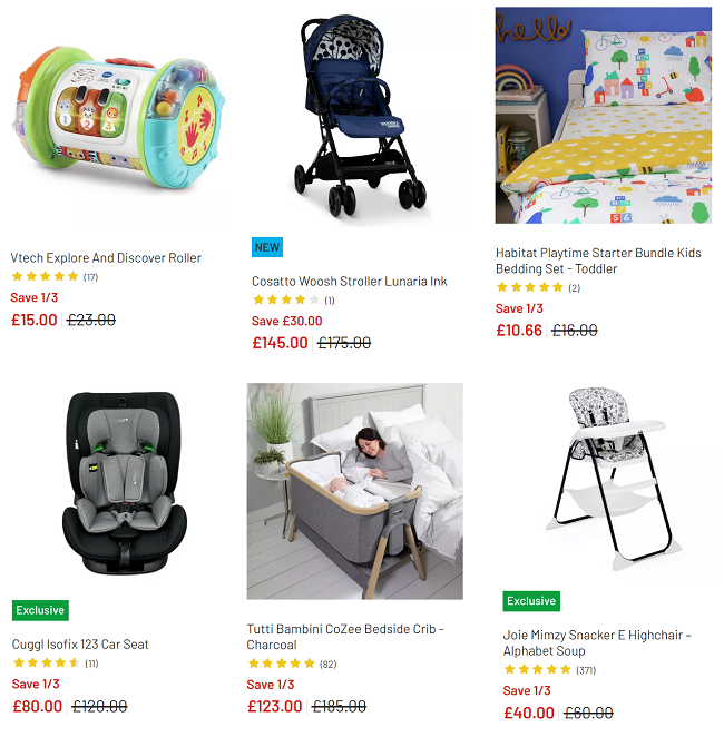 Screenshot showing reduced items from the Argos Baby Event