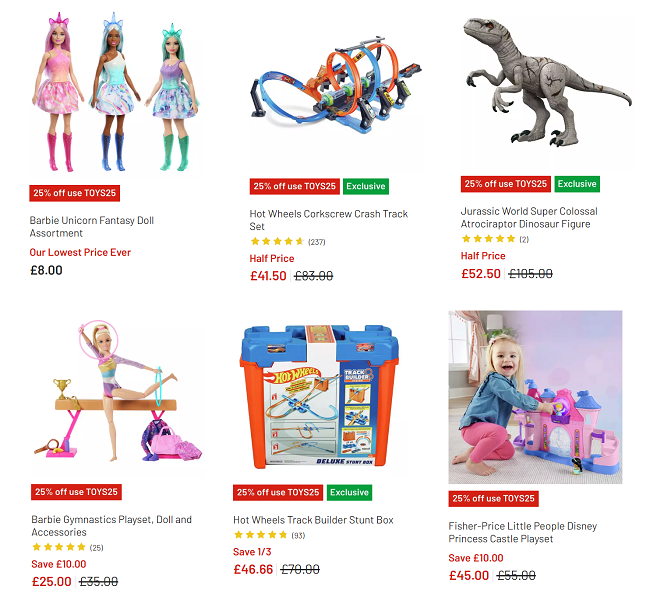 Screenshot of reduced toys at Argos