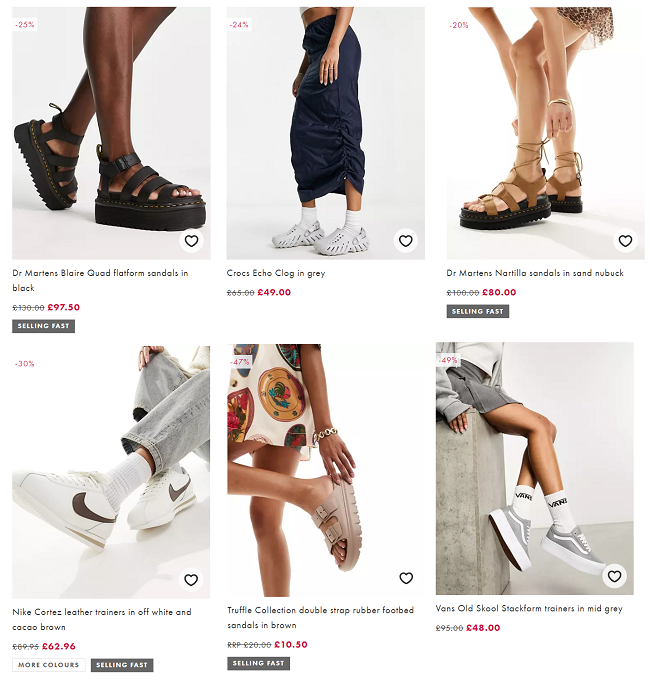 Screenshot showing reduced footwear at ASOS