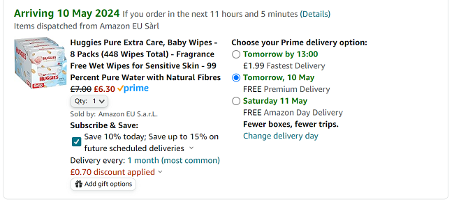 Screenshot showing Huggies Pure Extra Care Baby Wipes 8 Packs for £6.30 at Amazon