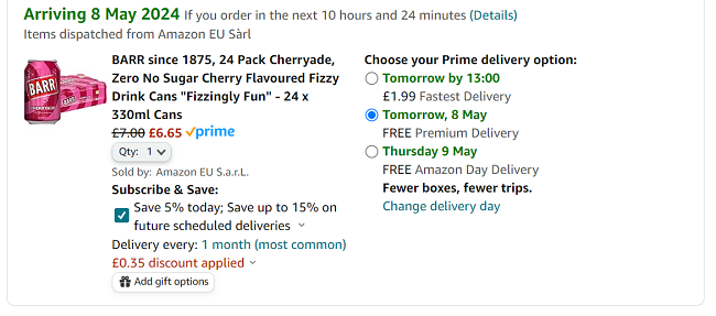 Screenshot showing BARR Cherryade 24 x 330ml Cans for £6.65 at Amazon 