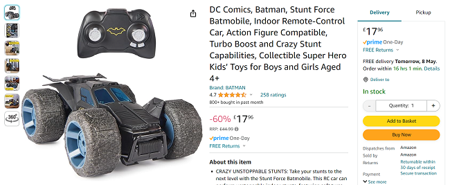 Screenshot showing DC Comics Batman RC Stunt Force Batmobile for £17.96 at Amazon