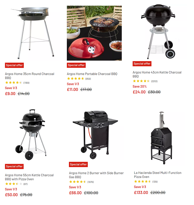 Screenshot showing reduced BBQs at Argos