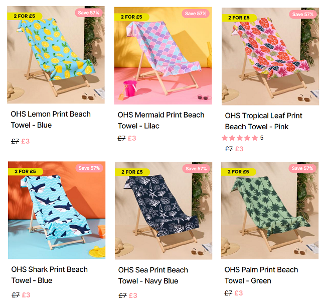 Screenshot of 2 for £5 beach towle offer at Online Home Shop