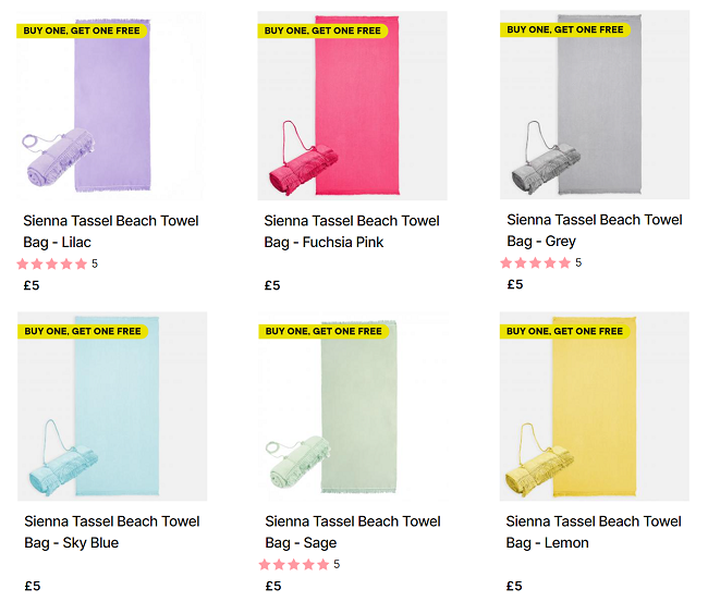Screenshot showing Sienna Tassel Beach Towel Bag 2 for £5 offer at Online Home Shop