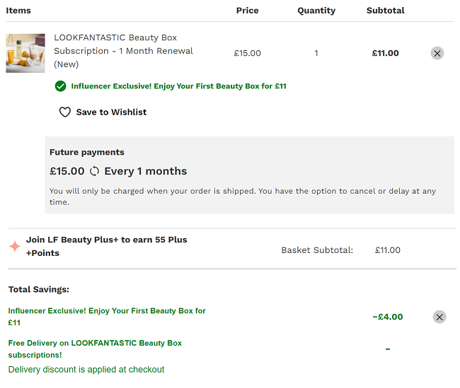 Screenshot showing LOOKFANTASTIC THE BOX: May Edit for £11 Delivered with code