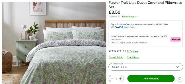 Screenshot showing Flower Trail Lilac Duvet Cover and Pillowcase Set Single for £3.50 at Dunelm