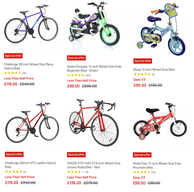 Screenshot showing reduced bikes at Argos