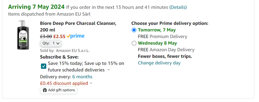 Screenshot showing Biore Deep Pore Charcoal Cleanser 200 ml for £2.55 at Amazon