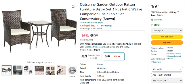 Screenshot showing Outsunny Outdoor Rattan Garden Furniture 3 Piece Bistro Set for £89 at Amazon