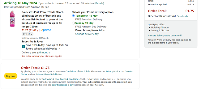 Screenshot showing Domestos Pink Power Thick Bleach 2 for £1.75 at Amazon