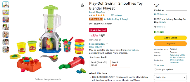 Screenshot showing Play-Doh Swirlin Smoothies Blender Playset for £5.50 at Amazon