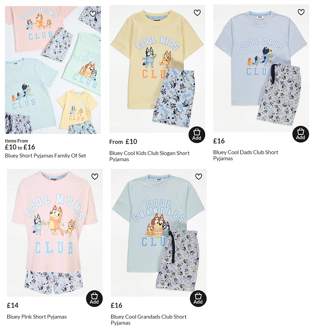 Screenshot Bluey Family Pyjamas from £10 at Asda George