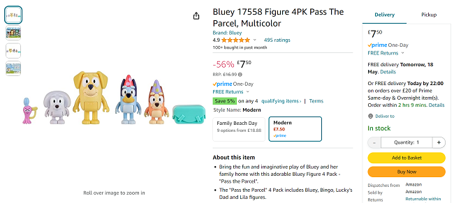 Screenshot showing Bluey Pass The Parcel 4 Pack Figures for £7.50 at Amazon