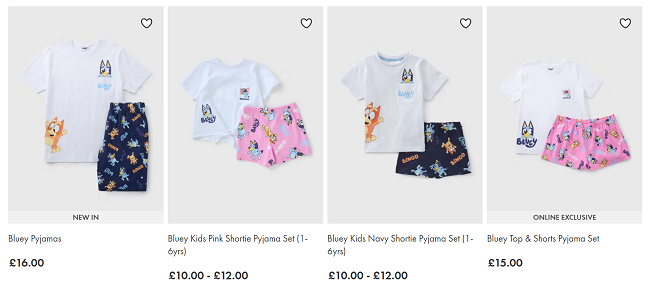 Screenshot showing Family Bluey Pyjamas at Matalan