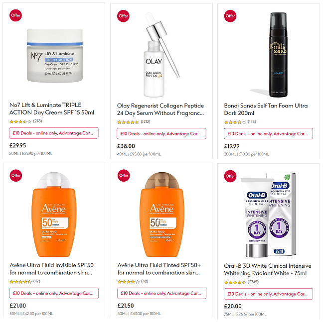 Screenshot showing £10 Daily Beauty Deals for Advantage Card members at Boots