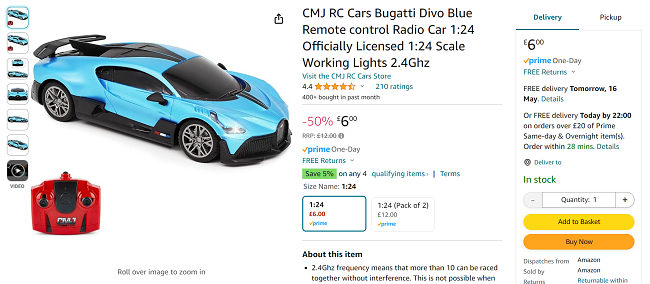 Screenshot showing Bugatti Radio Controlled Divo 1:24 Car for £6 at Amazon