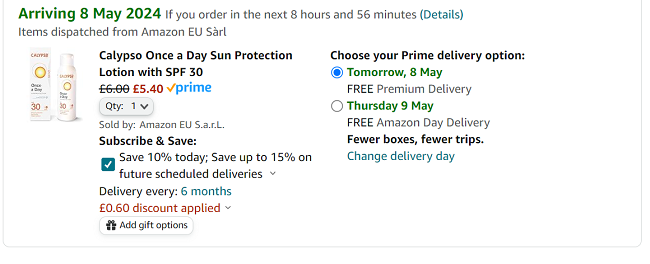 Screenshot showing Calypso Once a Day Sun Protection Lotion with SPF 30 200ml for £5.40 at Amazon