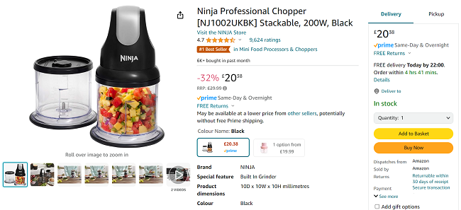Screenshot showing Ninja Professional Chopper for £20.38 at Amazon