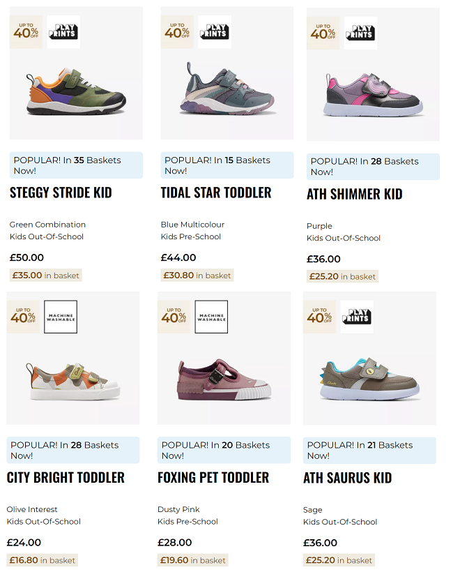 Screenshot showing reduced kids shoes at Clarks