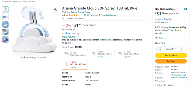 Screenshot showing Ariana Grande Cloud EDP Spray 100ml for £31.94 at Amazon