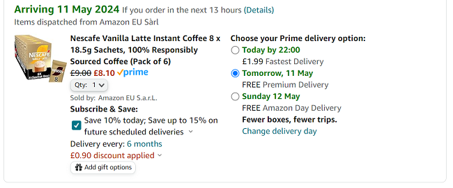 Screenshot showing Nescafe Vanilla Latte Instant Coffee 48 Sachets for £8.10 at Amazon