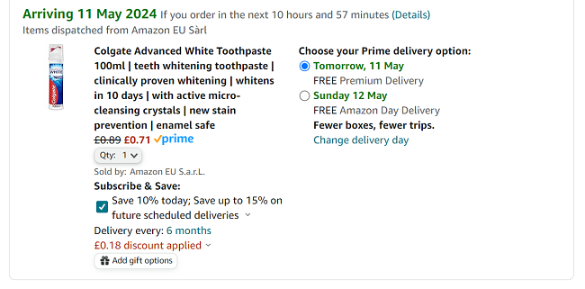 Screenshot showing Colgate Advanced White Toothpaste Pump 100ml for 71p at Amazon